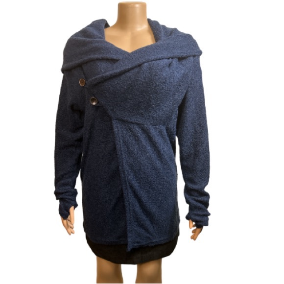 Sacred Threads Cardigan Sweater Plush Blue Coatigan Draped Thumb holes size M - Picture 10 of 12
